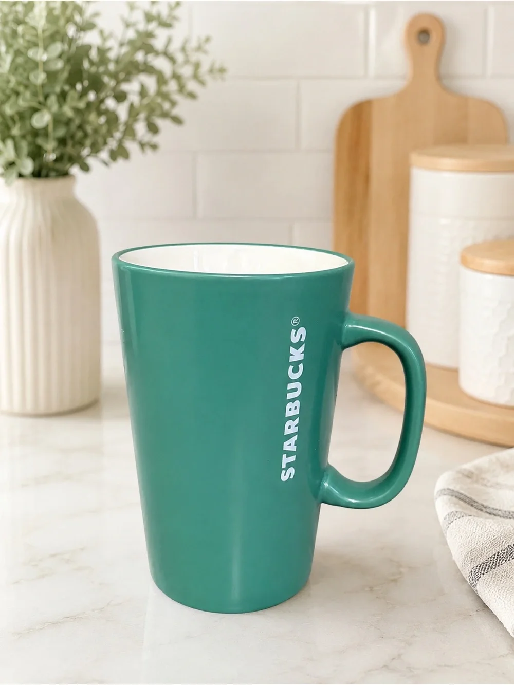 Starbucks Green Ceramic Coffee Mug | White Interior | Tall Latte Tea Cup